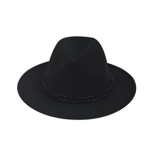 Classic black wool felt fedora hat featuring a stylish matching thick chain decorative band