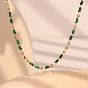 Vintage French Style Natural Green Stone Beaded Necklace Stainless Steel 18K Gold Plated Elegant Jewelry For Women