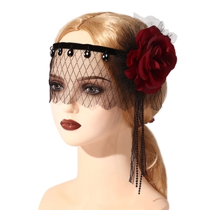 Elegant Gothic rose headpiece with black mesh veil and beaded tassels for party