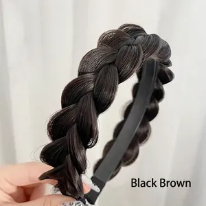 Detailed close-up of dark brown handmade fishtail braid headband with clear fiber texture
