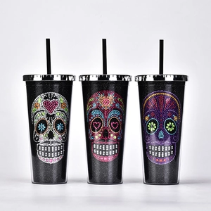 Rhinestone Skull Straw Cup Double Layer Plastic Glitter Tumbler With Lid For Halloween Party Drinkware