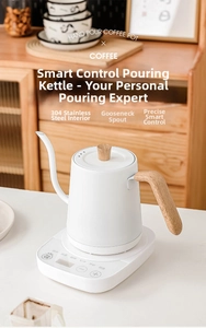 White gooseneck electric kettle with smart temperature control base and wood handle