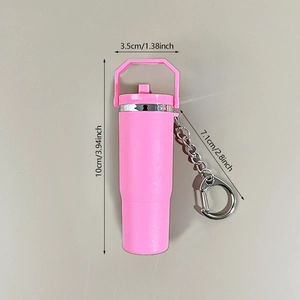 Pink mini tumbler keychain with specific dimensions of 10cm height and 3.5cm width