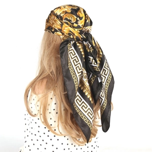 Vintage Baroque Print Satin Square Scarf Large Satin Like Headscarf For Women Greek Key Pattern Elegant Wrap