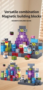 Versatile magnetic building blocks set featuring colorful cartoon character pixel cubes