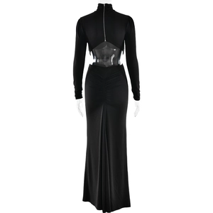 Detail view of backless high collar black dress with zipper and ruched details