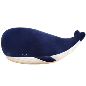 Cute blue whale plush toy with embroidered eyes and soft striped belly on white background