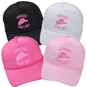 Summer mesh cowgirl truck caps with Cowgirl Don't Cry embroidery in four assorted colors