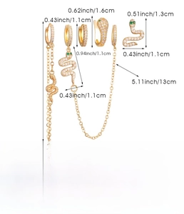 Detailed size guide of gold snake ear piercing set with green stones in copper