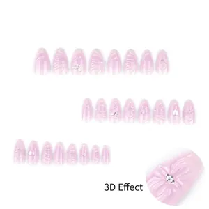 24pcs 3D floral almond press-on nails with lavender pink gradient and rhinestones