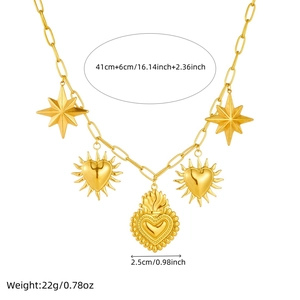 Gold stainless steel star and sacred heart pendant necklace with length measurements