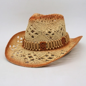 Chapeau de Cowboy en Paille d'Été pour Femmes Tissage Ajouré Large Bord Chapeau de Soleil Avec Perles en Bois Dégradé Respirant Plage