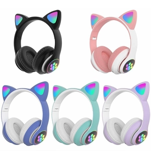 Detailed view of cat ear Bluetooth headphones in five colors with glowing paw patterns