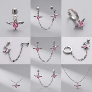 Pink Heart Zircon Angel Wing Stud Earrings Titanium Steel Screw Back Cartilage Piercing Jewelry For Women