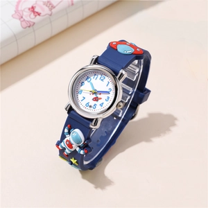 Kids Astronaut Rocket Theme Quartz Watch 3D Cartoon Space Pattern Silicone Band Analog Dial Student Gift Wristwatch