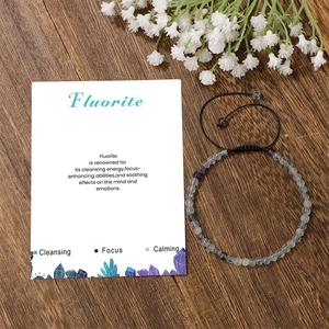 Natural 4mm Fluorite beaded bracelet with black woven cord and healing message card