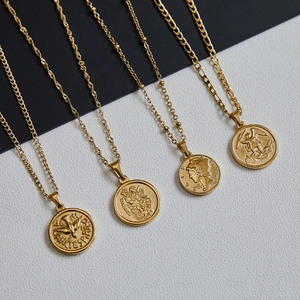 18K gold plated vintage coin and cross pendants on layered stainless steel necklaces