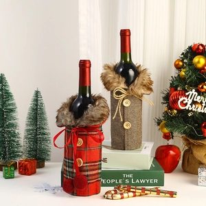 Christmas wine bottle covers with faux fur collars and buttons for festive decor