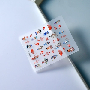Detail of 5D embossed nail stickers featuring Peking Opera characters and clouds