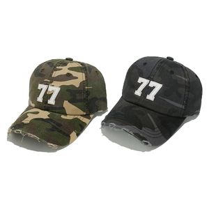Distressed camo baseball caps with embroidered 77 numbers in green and grey camouflage