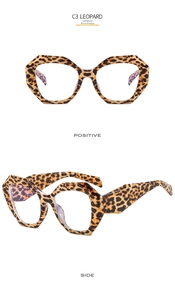 Detailed views of leopard print polygonal frames with a high-quality finish
