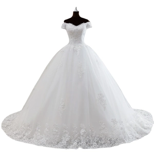 Elegant off-the-shoulder white ball gown wedding dress with lace applique and beadwork