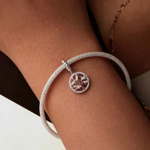 Rose gold tree of life charm on sterling silver mesh bracelet with zircon stones
