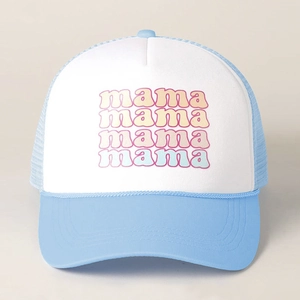 Close-up of mesh trucker hat with gradient mama text print and blue breathable mesh