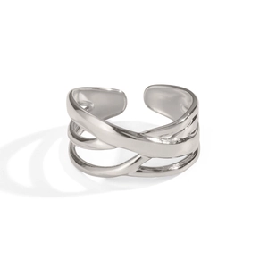 Macro shot of multilayer interlaced silver stainless steel ring with adjustable open design