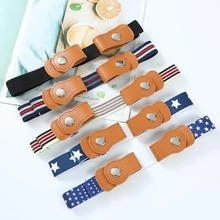 Five kids elastic belts with PU leather buckles in assorted patterns and colors