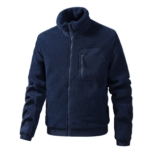 Navy blue teddy fleece jacket with stand collar and zipper chest pocket for men