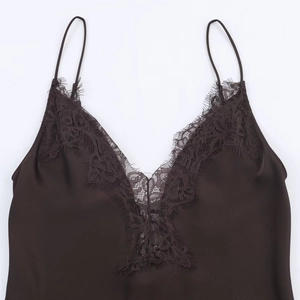Women's dark brown satin camisole top with V-neckline and delicate lace trim