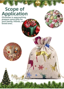 Detail of Christmas burlap drawstring bag with metallic foil reindeer and snowflake prints
