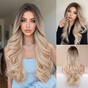 Multi-angle views of long wavy ombre blonde wig featuring dark roots and voluminous curls