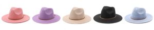 Detail view of woven straw fedora hats in five colors with slim leather bands