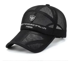 Detail of black breathable mesh baseball cap with embroidered S SPORTS badge and logo