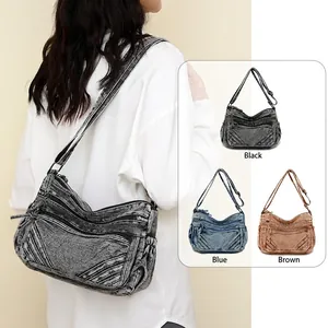 Vintage Washed Denim Crossbody Bag Multi Pocket Large Capacity Casual Retro Shoulder Messenger For Women