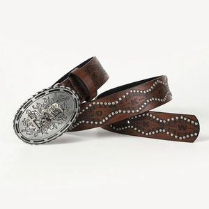 Vintage western cowboy belt with embossed silver buckle and studded brown leather strap