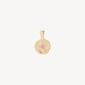 Stainless steel hammered gold coin pendant necklace with a pink birthstone center