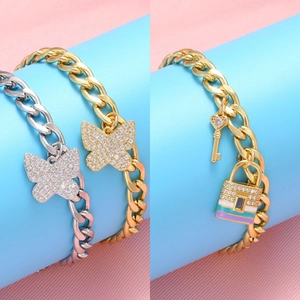 Fashion Brass Zirconia Butterfly Key Lock Pendant Bracelet Cuban Link Enamel Charm Bracelet For Women Hip Hop Jewelry Gift