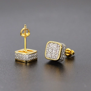 Macro view of gold-plated square stud earrings with screw-back and pavé zircon stones