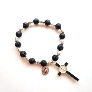 Black lava rock elastic bracelet with Saint Benedict cross and Virgin Mary medal