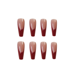 Long coffin french tip press-on nails in burgundy red and nude pink high gloss finish