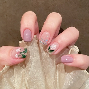 Press On Nails Short Square Round Lavender Purple Hand Painted Tulip Flower Glitter Detachable False Nails