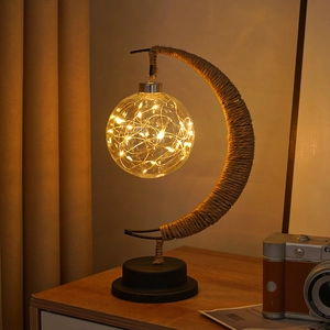 Star Moon LED Night Light with Jute Rope and Glass Ball for Christmas Decor