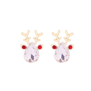Detailed view of gold reindeer stud earrings with sparkling crystals and red accents