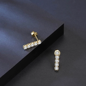 S925 sterling silver gold bar earrings with five sparkling white cubic zirconia stones