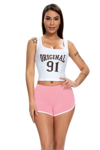 Close-up of sporty two-piece set with white square-neck tank top and pink yoga shorts