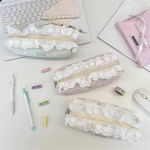 Lace-trimmed floral cat print canvas pencil case for stationery storage in soft colors