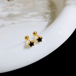 Minimalist gold titanium steel screw-back earrings with black zircon star charms